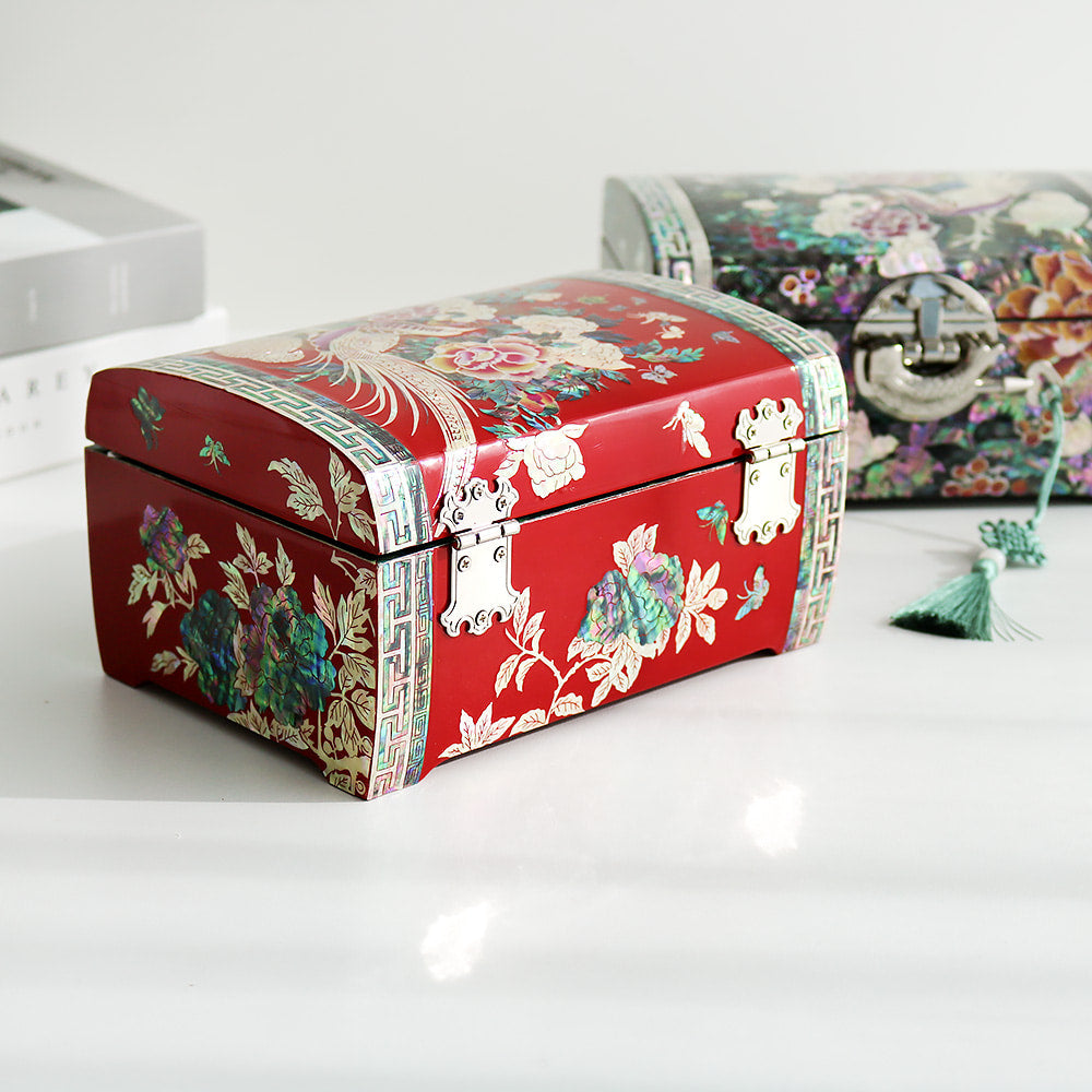 Premium Golden Pheasant Butterfly Peony Rounded Mother of Pearl Jewelry Box Yedan Wedding Gift Box Najeonchilgi, 18 cm