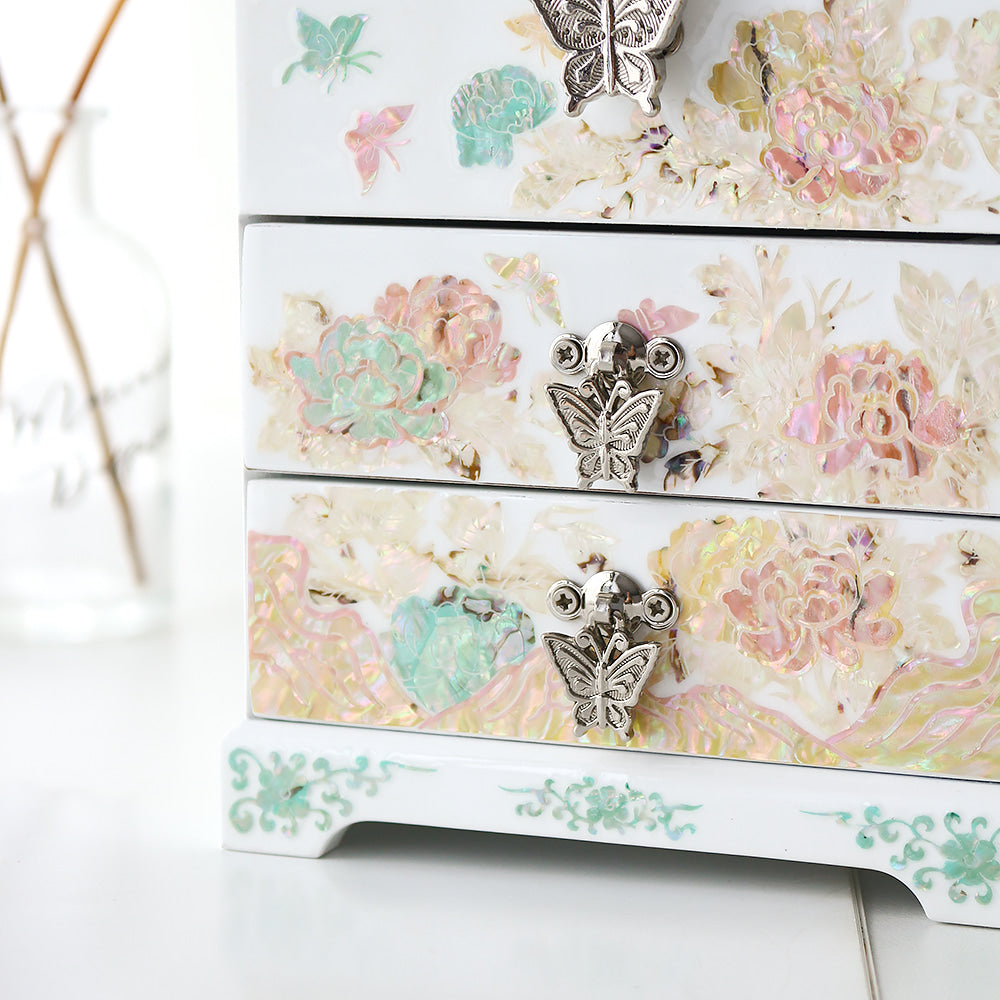Najeonchilgi Peony White Drawer Mother of Pearl Jewelry Box