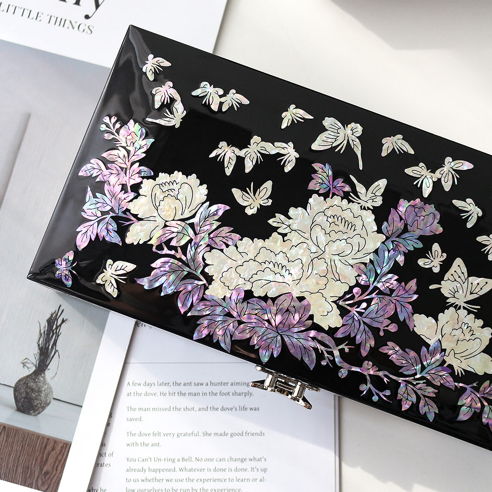 Najeonchilgi 1-Tier Peony & Butterfly Yedan Jewelry Box H Jewelry Box Yedan Wedding Gift Box Mother of Pearl, 23 cm