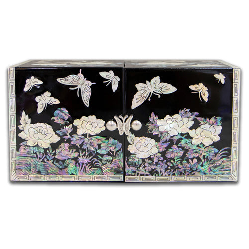 Peony Cloud Pattern Border Double Lidded Mother of Pearl Jewelry Box (Medium, Glossy, Black)