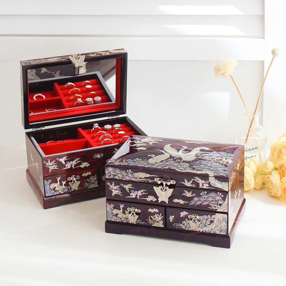 Najeonchilgi 1-Tier Hanji Pine & Crane 2-Drawer Mother of Pearl Jewelry Box