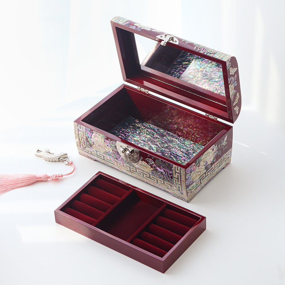 Najeonchilgi Painted Peony of Wealth Rounded Mother of Pearl Jewelry Box, 24 cm