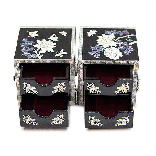 Peony NaturalMother of Pearl Double Lidded Jewelry Box (Medium, Glossy, Black) - Oh Myung - Ho