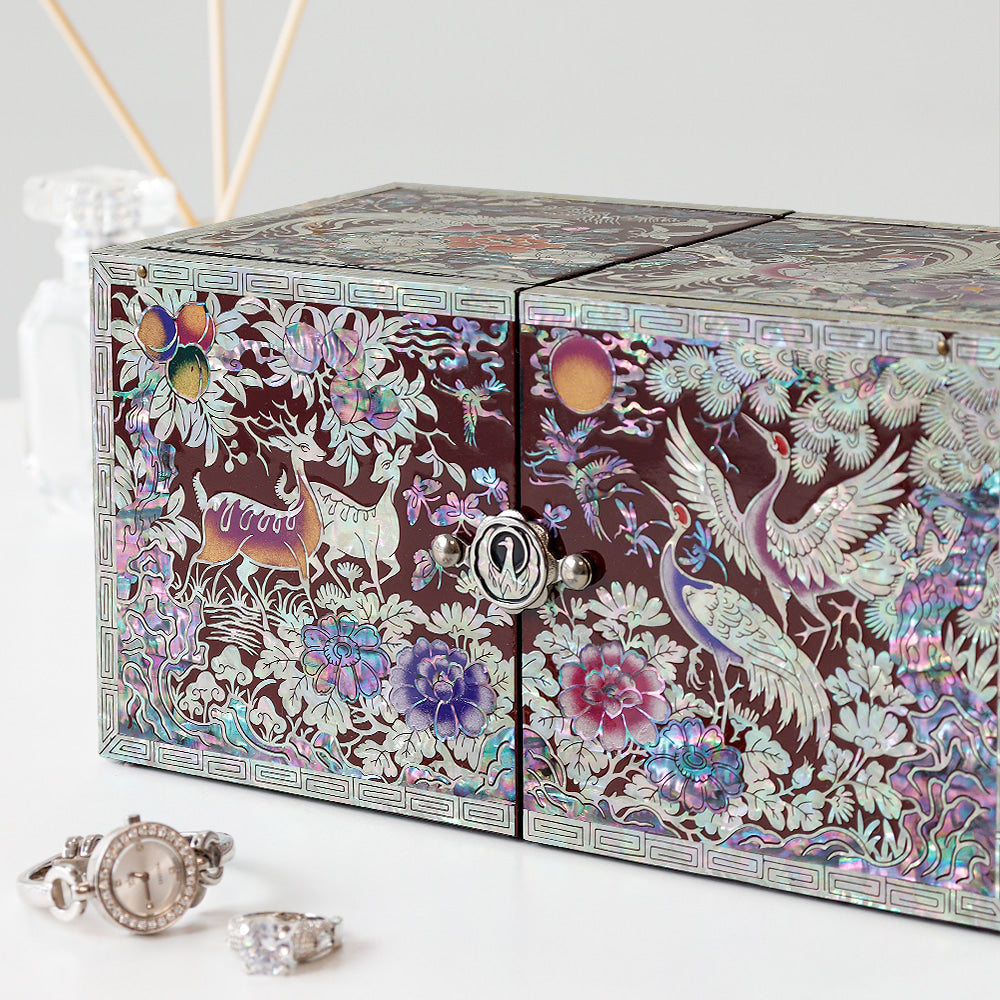 Masterpiece New Double-Lidded Golden Pheasant Large Red Mother of Pearl Jewelry Box