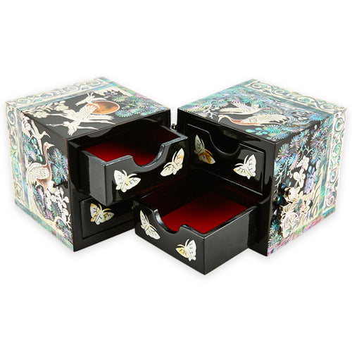 Square Crane & Pine Double Lidded Mother of Pearl Jewelry Box (소 - Red, Black)