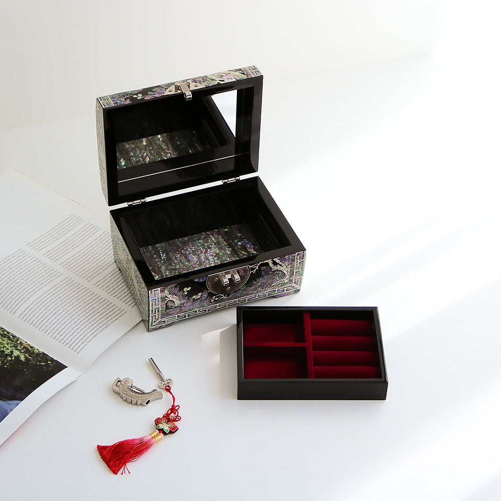 Najeonchilgi Rounded Pine & Crane Black 2-Tier Mother of Pearl Jewelry Box, 18 cm (Master Artisan Jang Tae-bok)