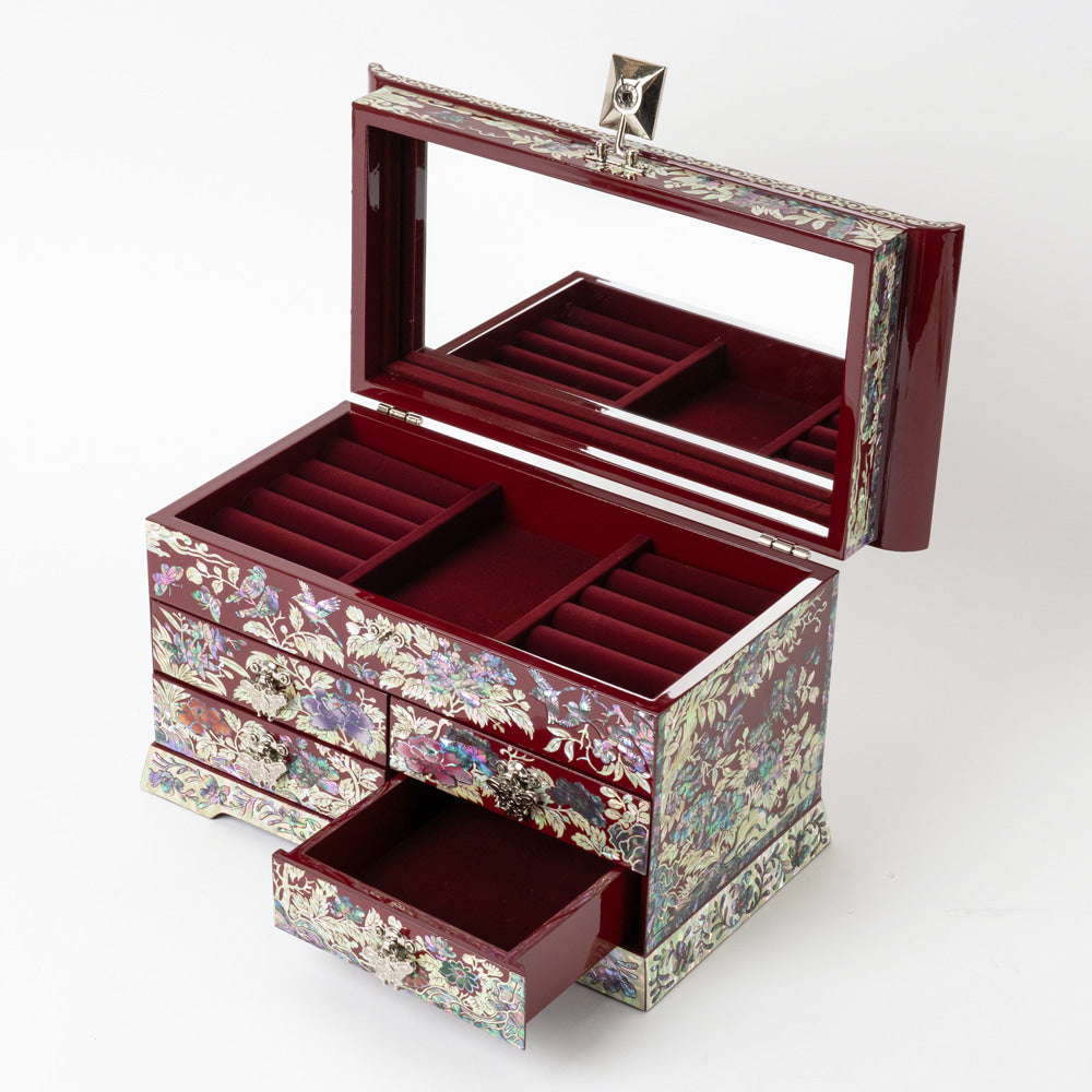 Peony 3-Drawer Mother of Pearl Jewelry Box (Hanji, Purple)