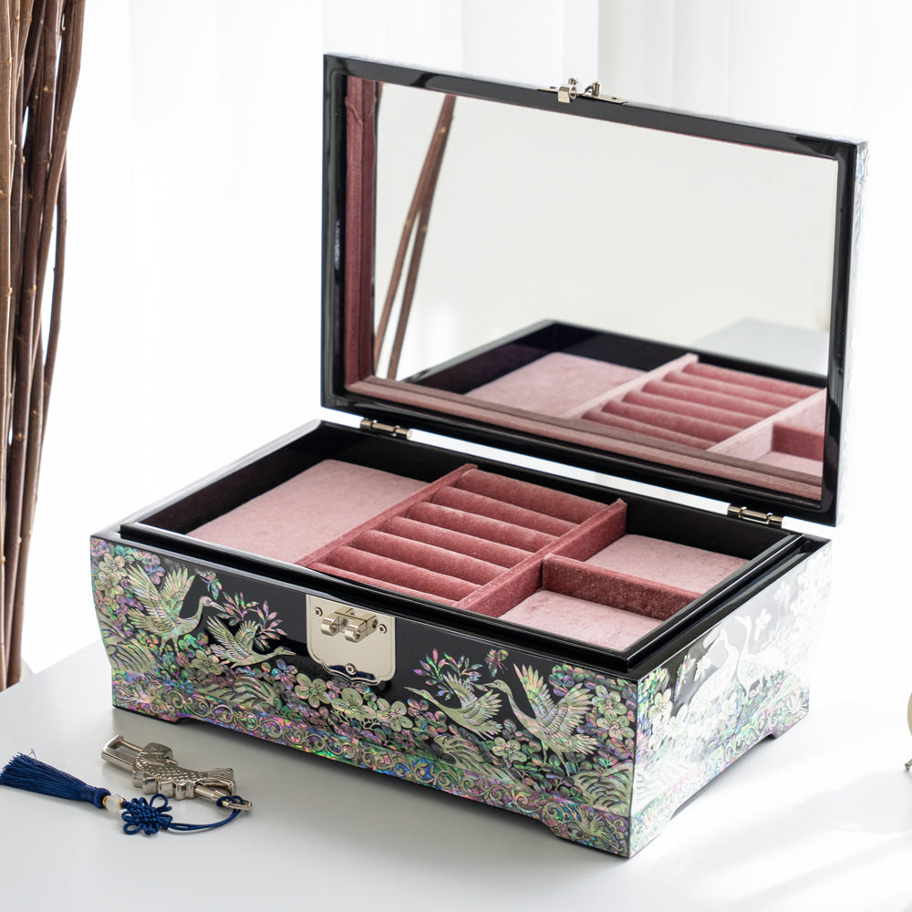 Najeonchilgi lacquerware Crane & Pine Ten Symbols of Longevity Double Door Drawer Mother of Pearl Jewelry Box Large