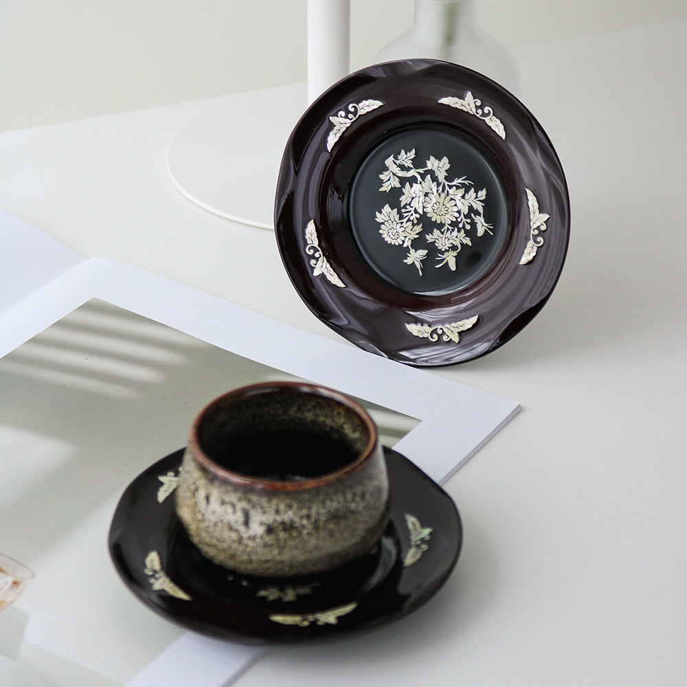 6-Piece Set: Najeonchilgi Arabesque Four Gentlemen Tea Coaster Set (Chrysanthemum) Mother of Pearl Coaster Traditional Coaster (Master Artisan Lee Won-geun)