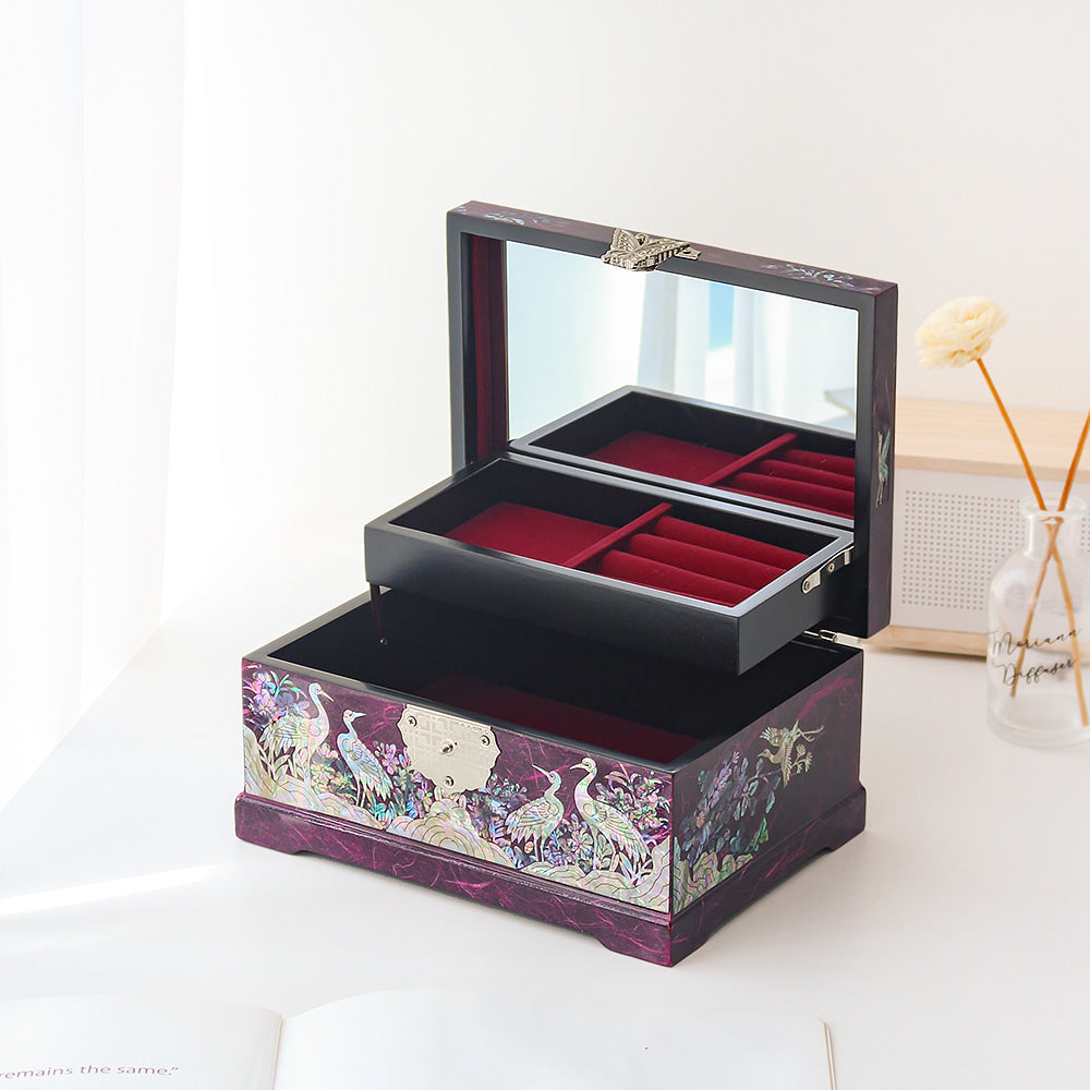 Najeonchilgi Hanji Flower Pine & Crane 2-Tier Mother of Pearl Jewelry Box, 21 cm