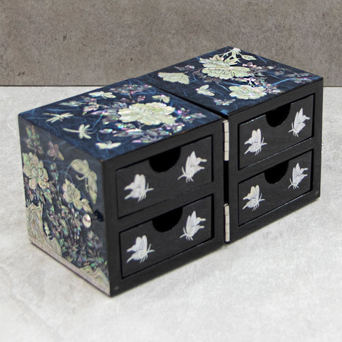 Peony Hanji Double Lidded Mother of Pearl Jewelry Box (Medium, Blue)