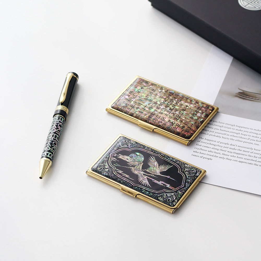 2-Piece Set: Gold Mother of Pearl Business Card Case N Hangul Lattice Mother of Pearl Pen Set (Lower Inlay)