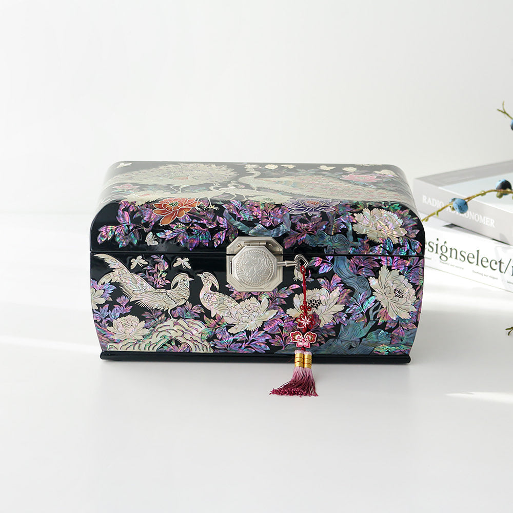 Masterpiece Najeonchilgi Peacock Peony of Wealth 3-Tier Rounded Mother of Pearl Jewelry Box, 30 cm