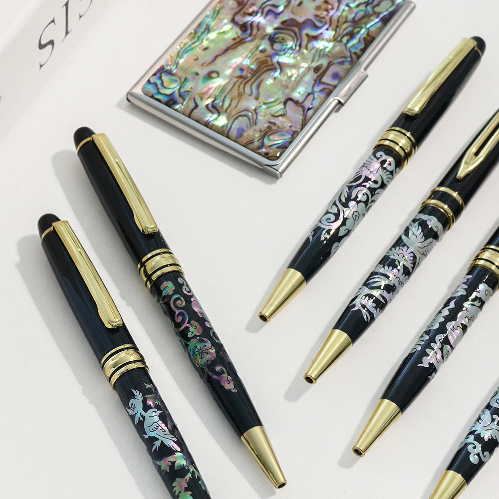 2-Piece Set: Premium Najeon Marbled Pattern Business Card Case Mother of Pearl Pen M