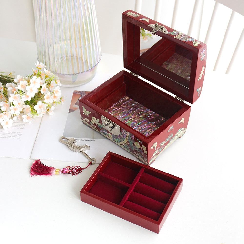 Premium 2-Tier Najeonchilgi Rounded Peony Red Mother of Pearl Jewelry Box, 18 cm (Master Artisan Jang Tae-bok)