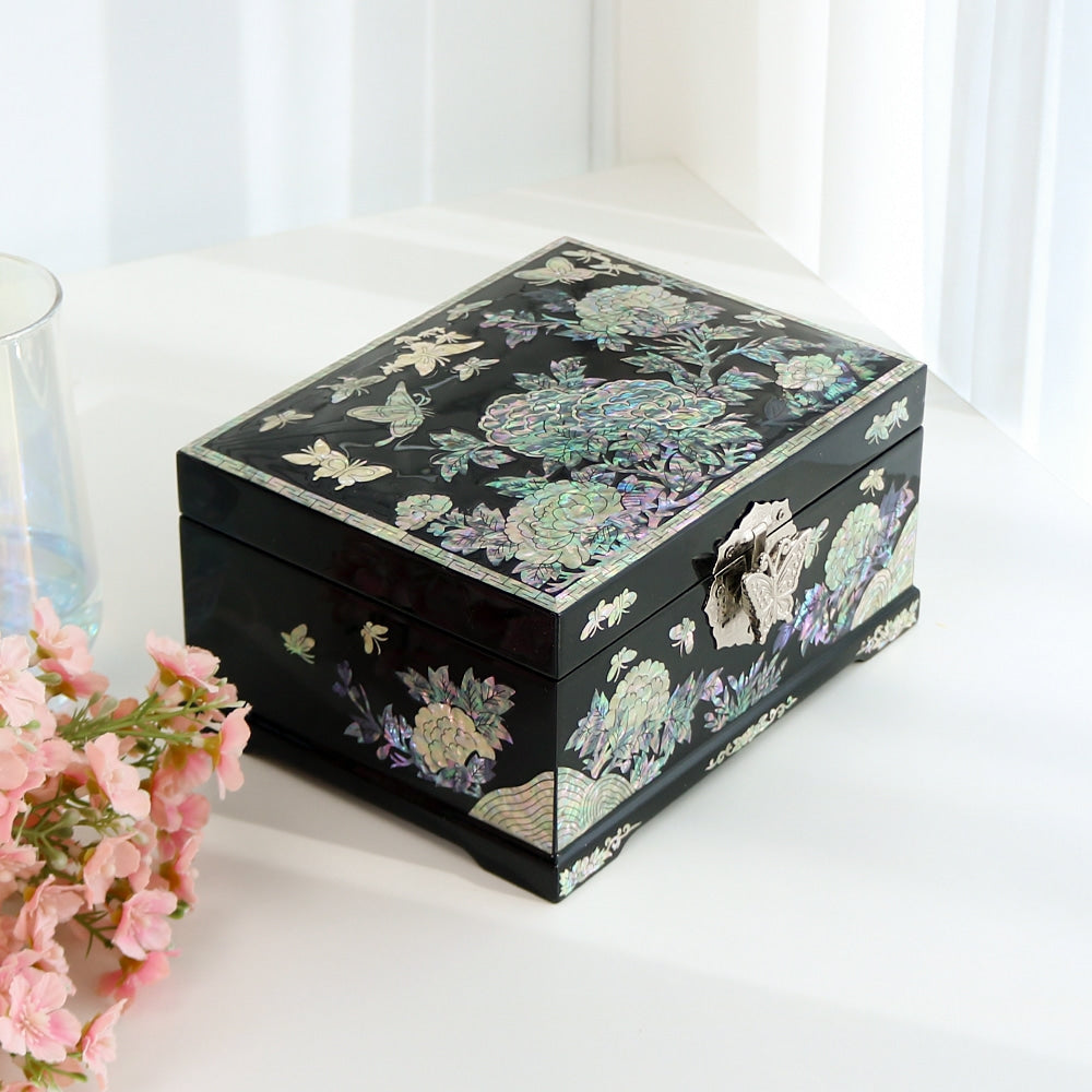 Najeonchilgi Peony Flower 2-Tier Mother of Pearl Jewelry Box Black, 18 cm