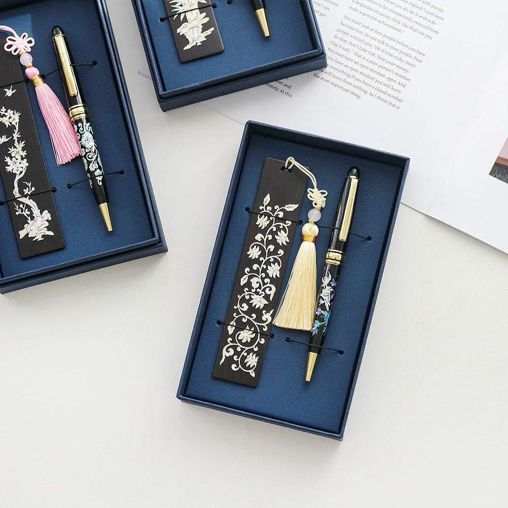 Wood Bookmark Mother of Pearl Pen 2 Bell Set