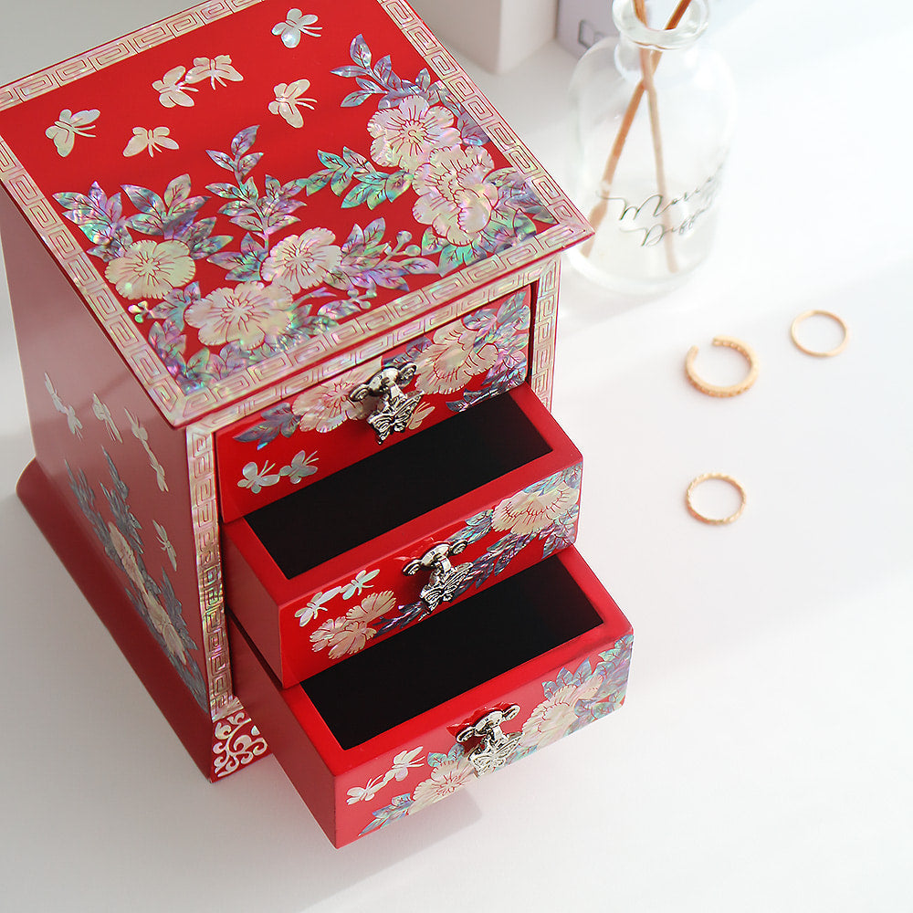 Najeonchilgi Peony Flower Arabesque 3-Tier Drawer Mother of Pearl Jewelry Box