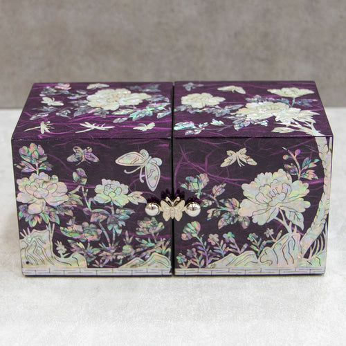 Peony Hanji Double Lidded Mother of Pearl Jewelry Box (Medium, Purple)