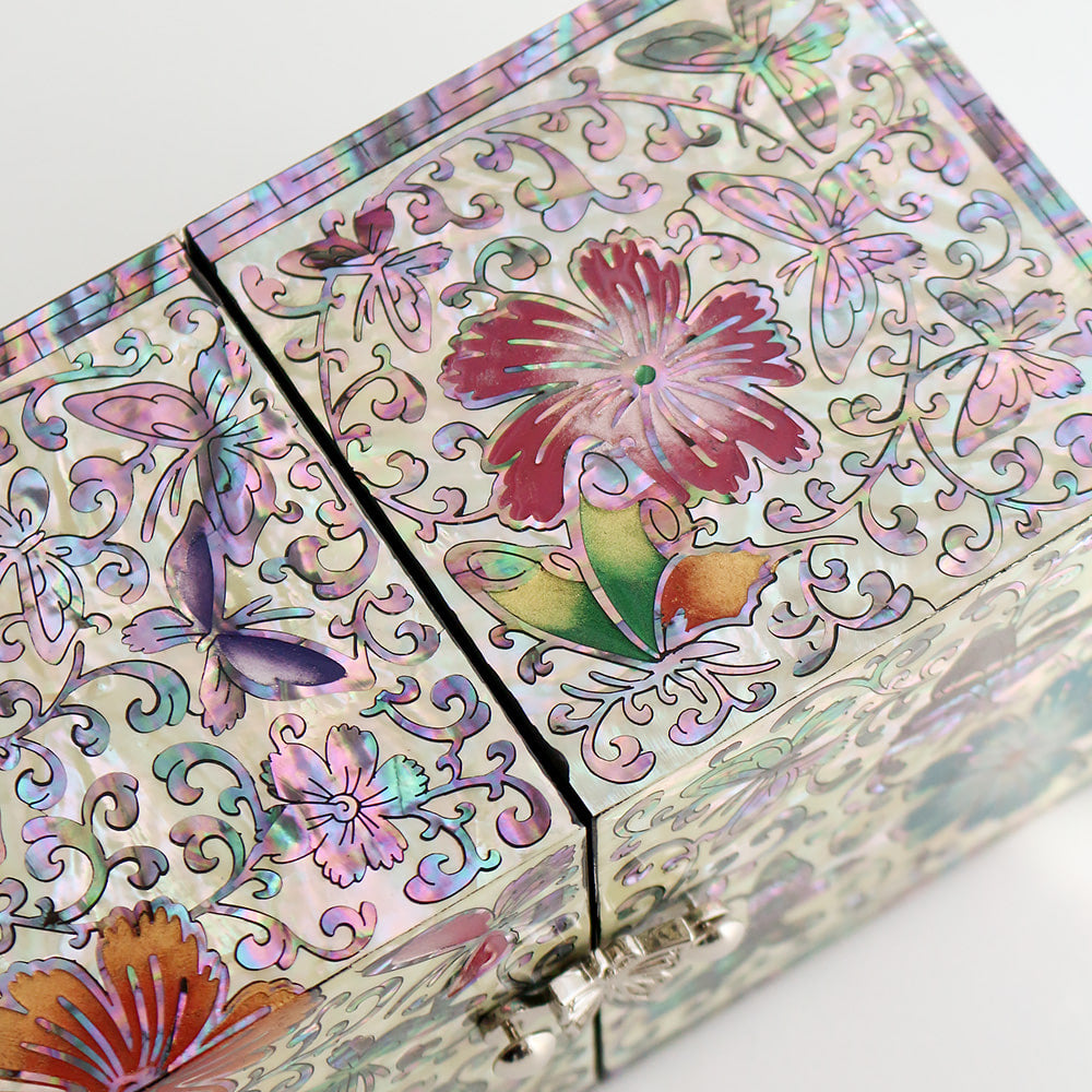 Najeonchilgi Painted Flower & Butterfly Double-Lidded Mother of Pearl Jewelry Box Black (Master Artisan Jang Tae-bok)