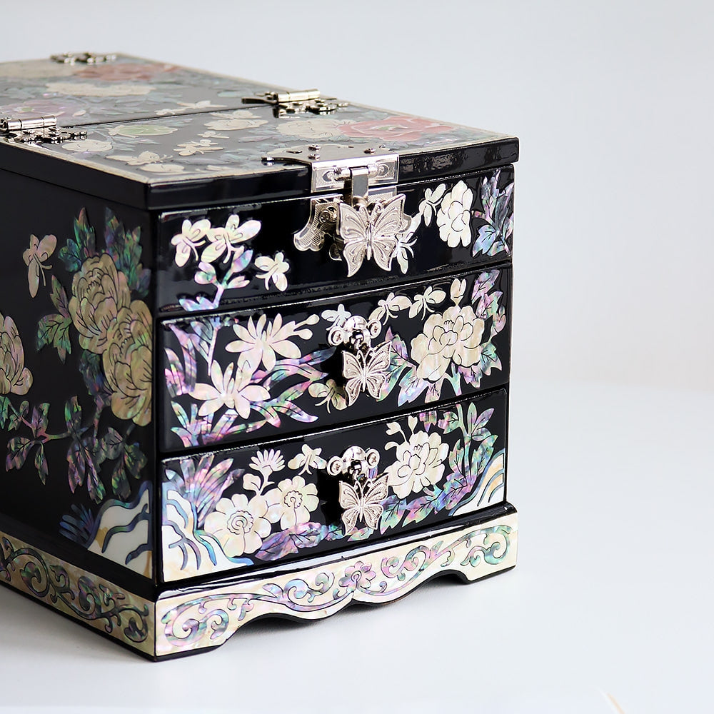 Najeonchilgi Painted Peony of Wealth Mother of Pearl Vanity Mirror Jewelry Box