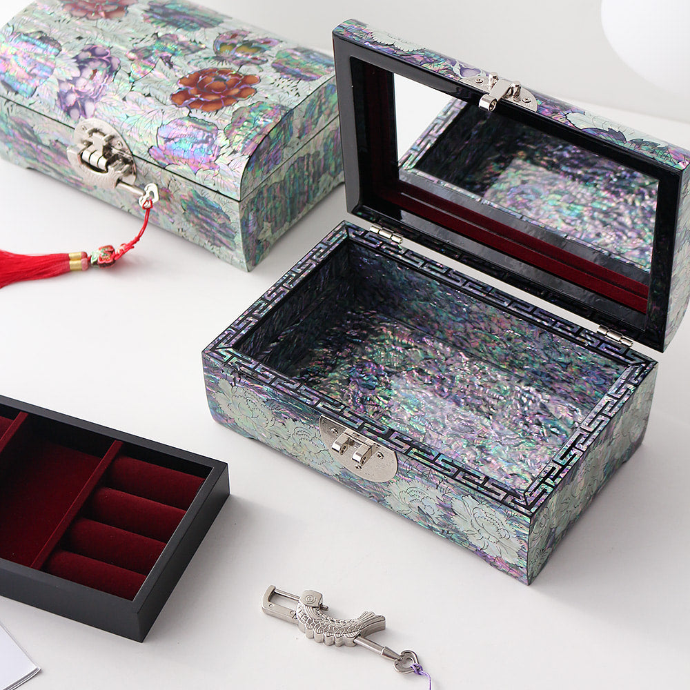 Najeonchilgi Painted Peony Rounded Joseon Style Mother of Pearl Jewelry Box, 21 cm