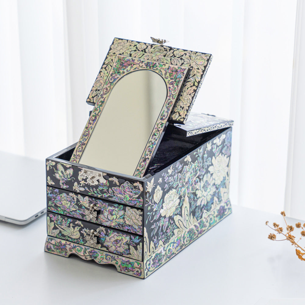 Premium Najeonchilgi lacquerware 5-Drawer Mother of Pearl Jewelry Box大 (Matte, Black)