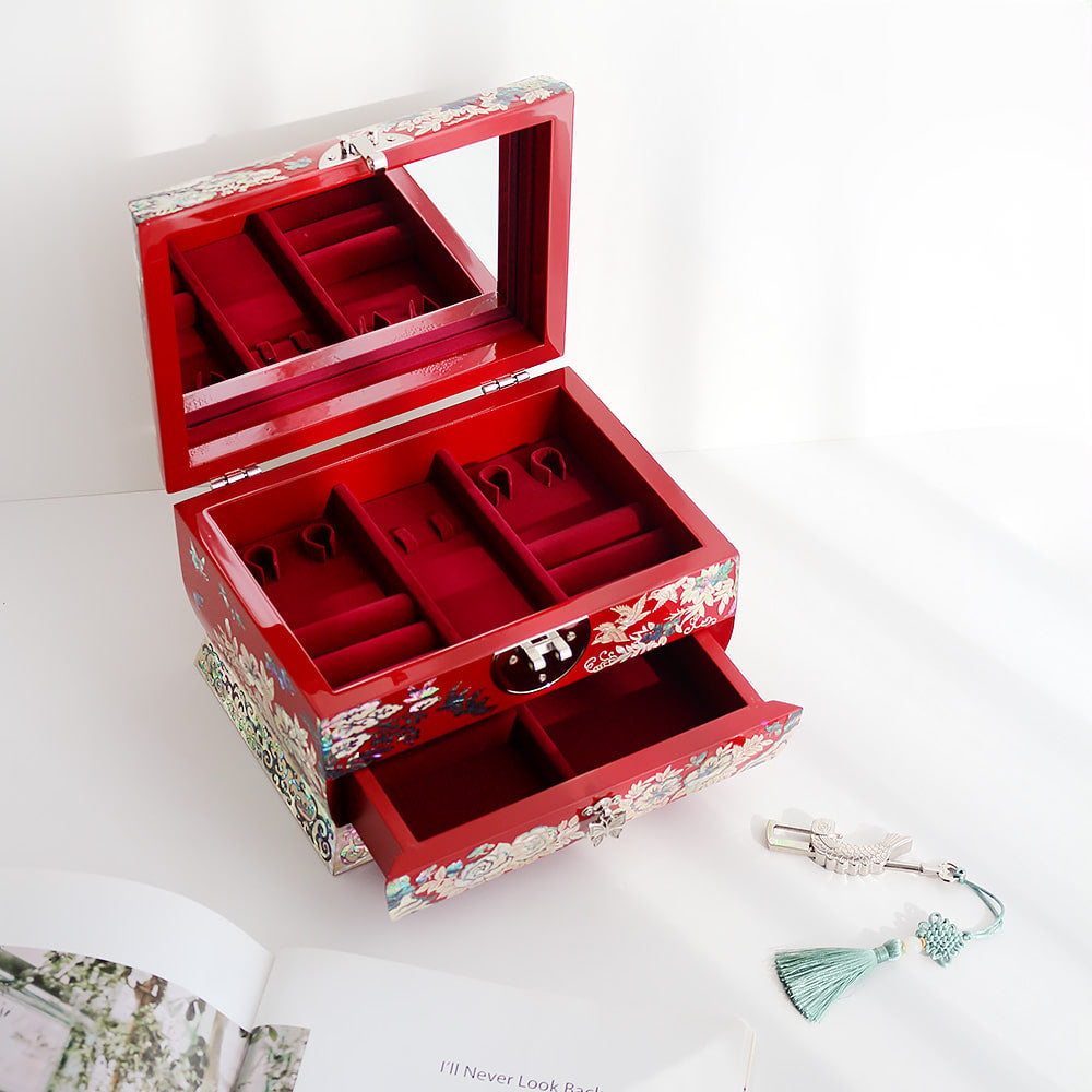 Premium Najeonchilgi Golden Pheasant Drawer Mother of Pearl Jewelry Box Yedan Wedding Gift Box, 21 cm