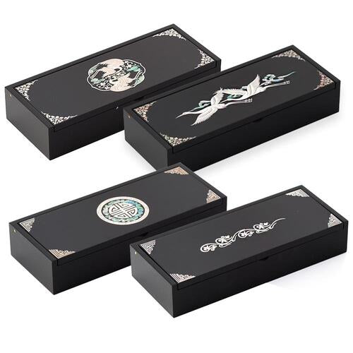 Inlaid Auto-Slide Business Card & Pen Holder Set — Double Cranes, Cloud Cranes & Arabesque Patterns - OF0236