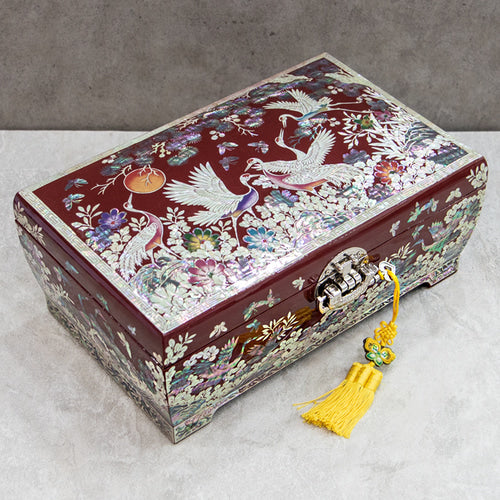 Crane & Pine Scholar 5-Drawer Mother of Pearl Jewelry Box中(Hanji, Red)