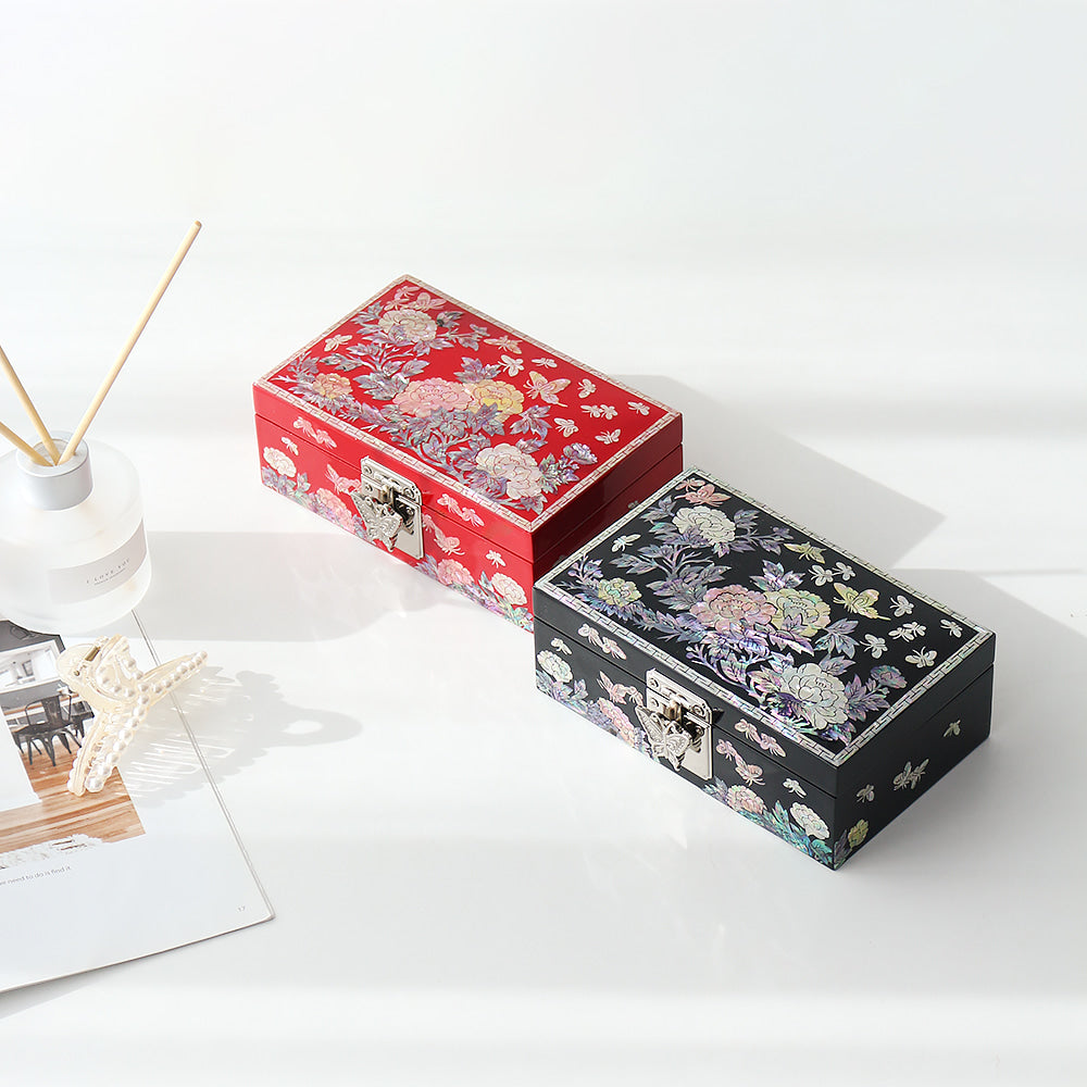 Peony & Butterfly Najeonchilgi Mother of Pearl Jewelry Box, 16 cm