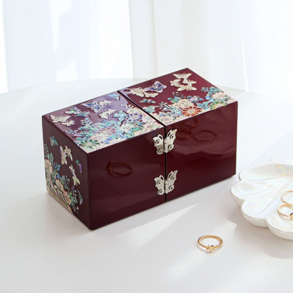 Premium Najeonchilgi Mini Double-Lidded Small (Butterfly Chrysanthemum) Secret Mother of Pearl Jewelry Box