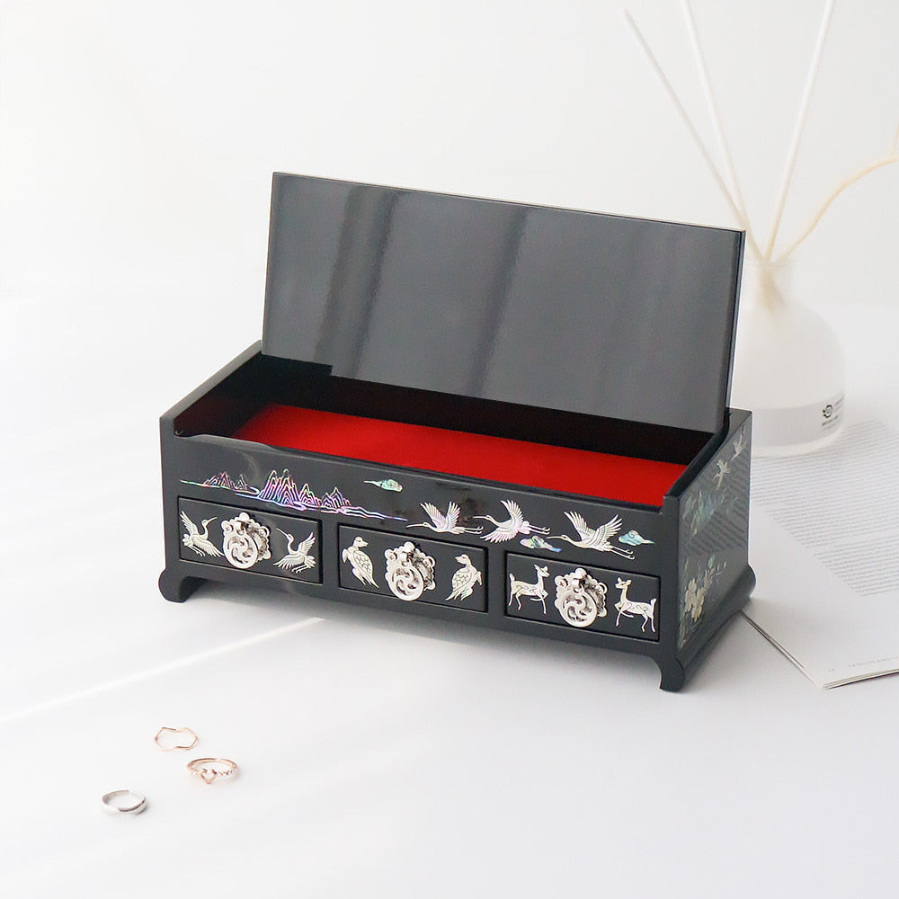 Najeonchilgi Ten Symbols of Longevity 3-Tier Drawer Mother of Pearl Jewelry Box, 23 cm