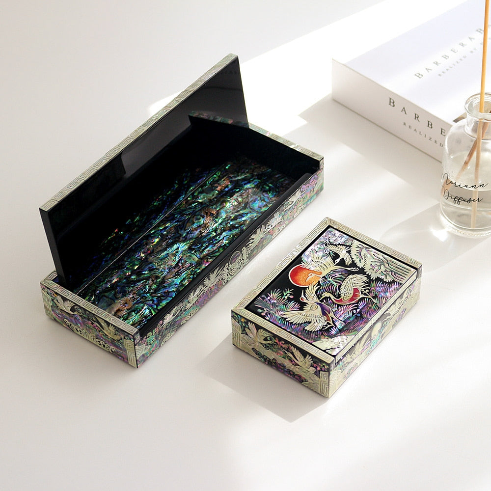 2-Piece Set: Premium Najeon Auto-Open Pine & Crane Pen Case Business Card Case (Master Artisan Jang Tae-bok)