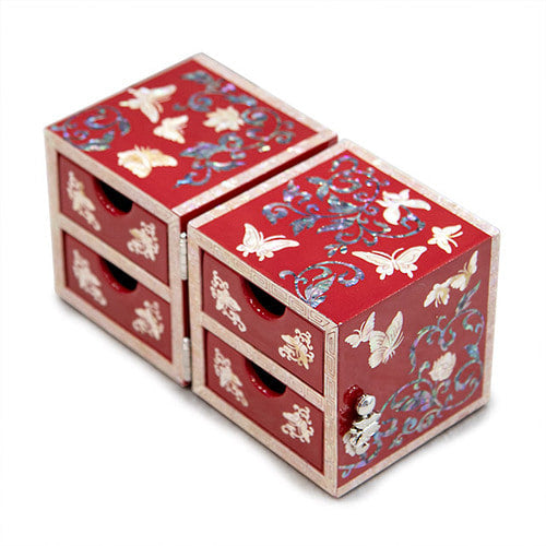 Butterfly NaturalMother of Pearl Double Lidded Jewelry Box (Medium, Glossy, Red) - Oh Myung - Ho
