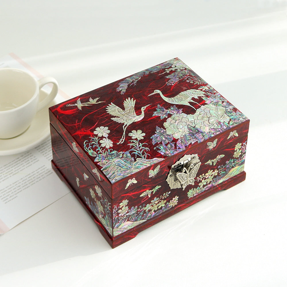 Najeonchilgi Peony Pine & Crane Hanji Mother of Pearl Jewelry Box, 18 cm