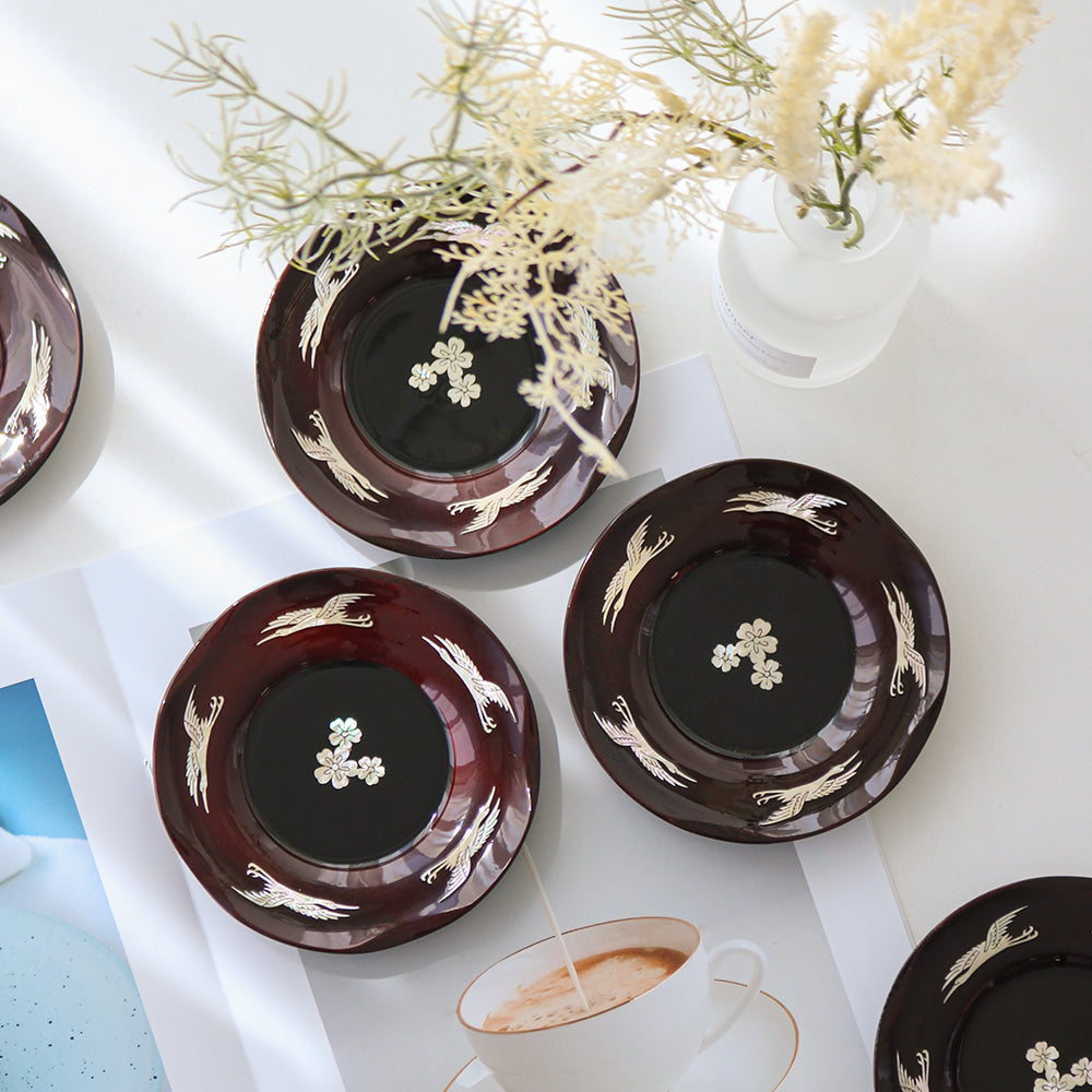 6-Piece Set: Najeonchilgi 5 Crane Tea Coaster Set Mother of Pearl Coaster Traditional Coaster (Master Artisan Lee Won-geun)