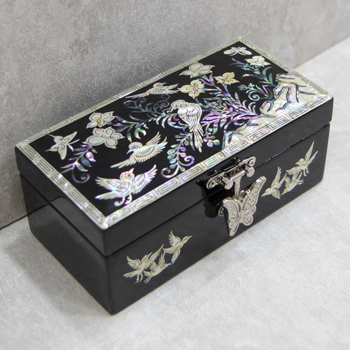 Joseon Mother of Pearl Straight - Sided Jewelry Box - Peony, Crane & Pine, Butterfly, Flowers & Birds Motif (1-Tier, Oh Myung - Ho)