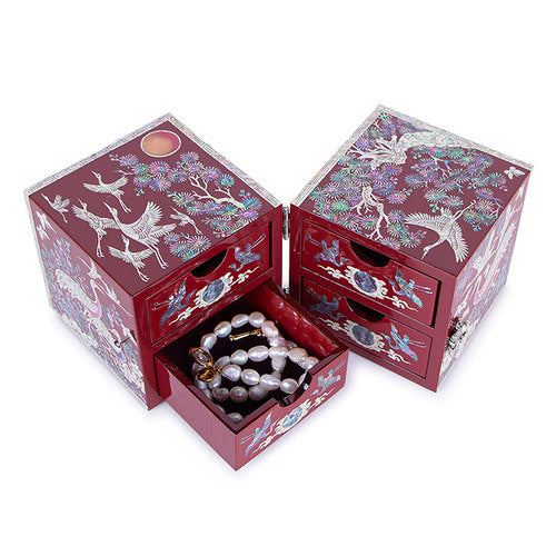 Crane & Pine Double Lidded Mother of Pearl Jewelry Box (Red, Large)