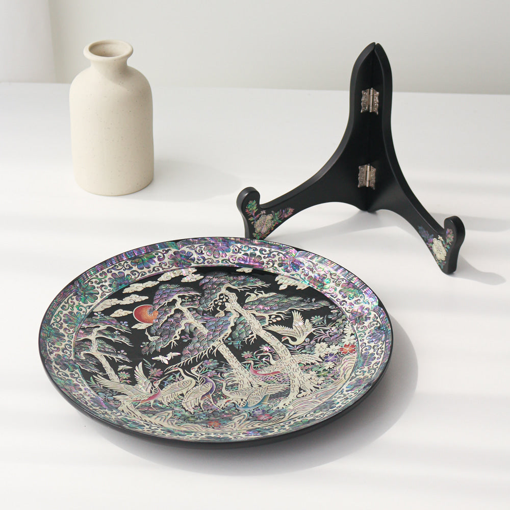 Najeonchilgi Pine & Crane Ornament Dragon Round Mother of Pearl Tray, 30 cm