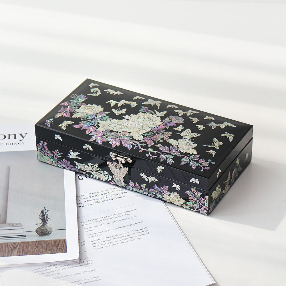 Najeonchilgi 1-Tier Peony & Butterfly Yedan Jewelry Box H Jewelry Box Yedan Wedding Gift Box Mother of Pearl, 23 cm