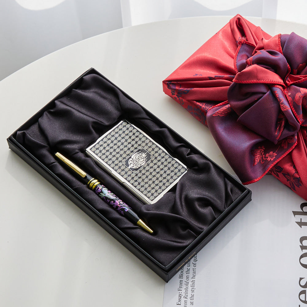 Metal Business Card Case & Mother of Pearl Ballpoint Pen Gift Set