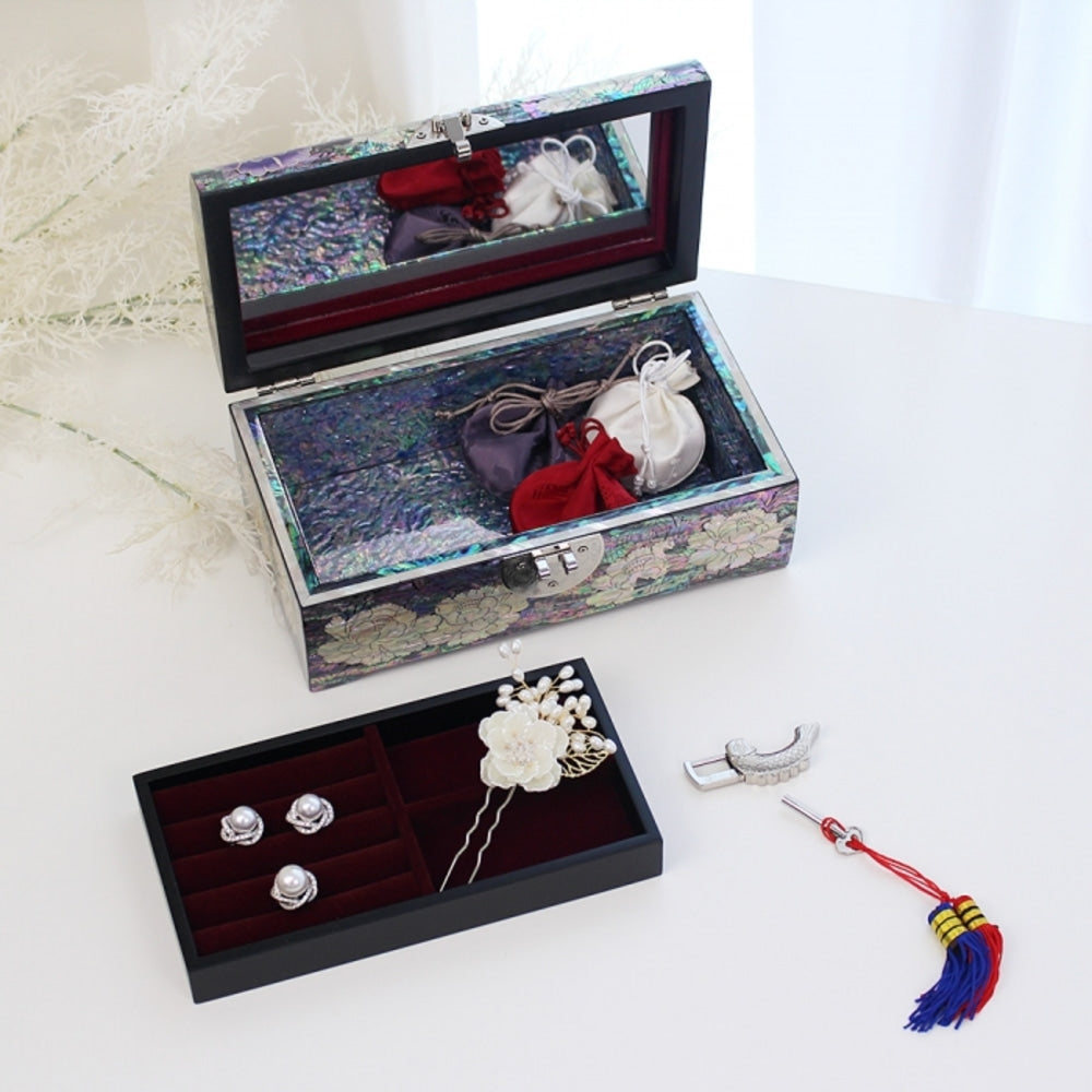 Premium Najeonchilgi Rounded Peony of Wealth Mother of Pearl Jewelry Box Yedan Wedding Gift Box, 24 cm