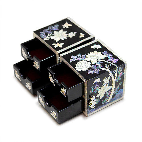 Peony NaturalMother of Pearl Double Lidded Jewelry Box (Medium, Glossy, Black) - Oh Myung - Ho