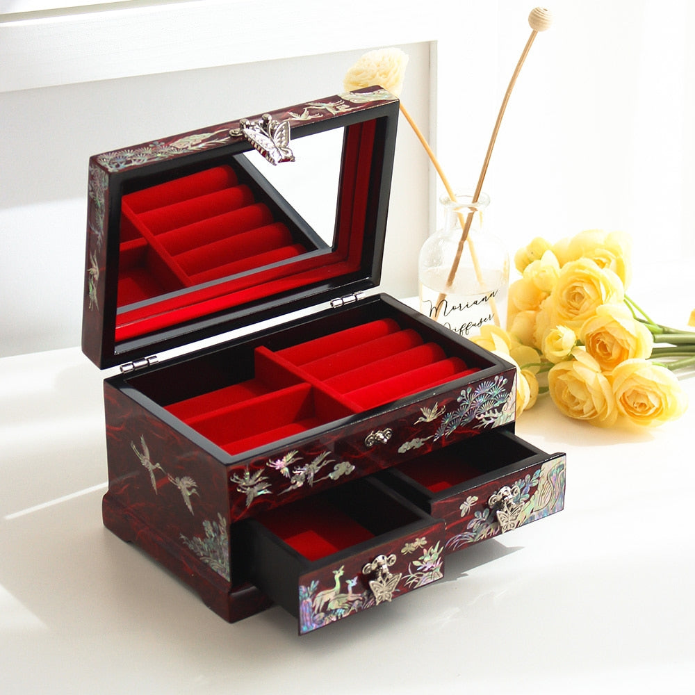 Najeonchilgi 1-Tier Hanji Pine & Crane 2-Drawer Mother of Pearl Jewelry Box