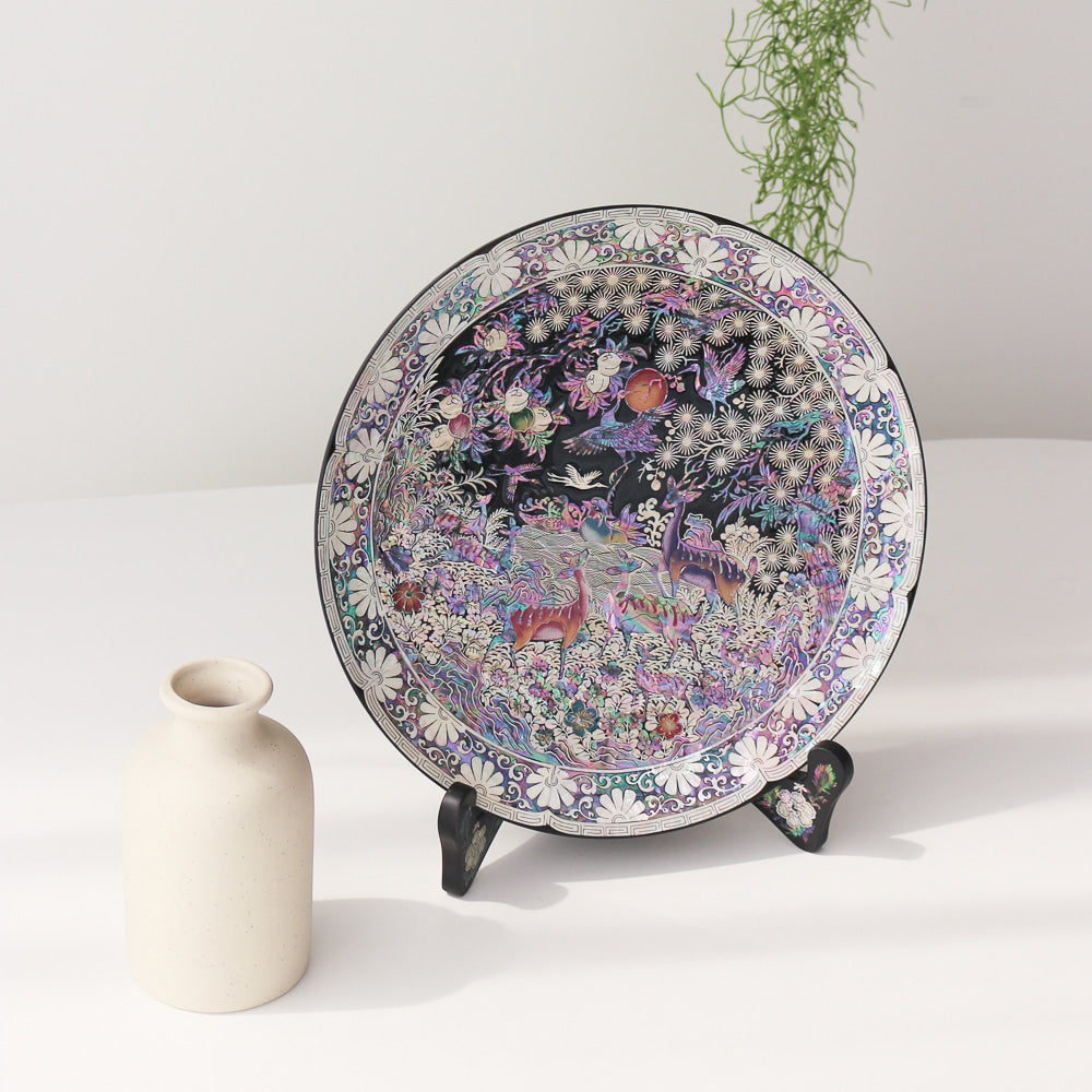 Najeonchilgi Ten Symbols of Longevity Ornament Dragon Round Mother of Pearl Tray, 30 cm