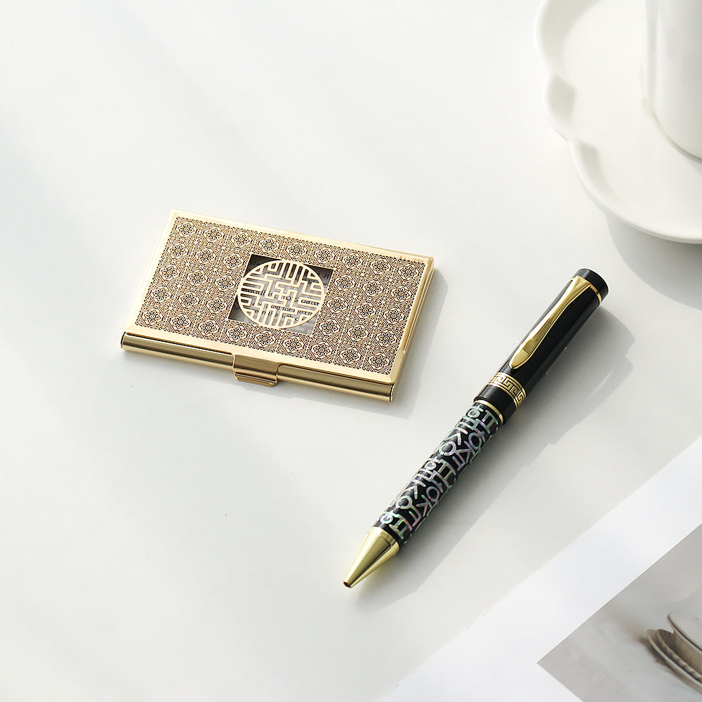 2-Piece Set: Metal Gold Mother of Pearl Business Card Case Hangul Lattice Mother of Pearl Pen Set (Lower Inlay)