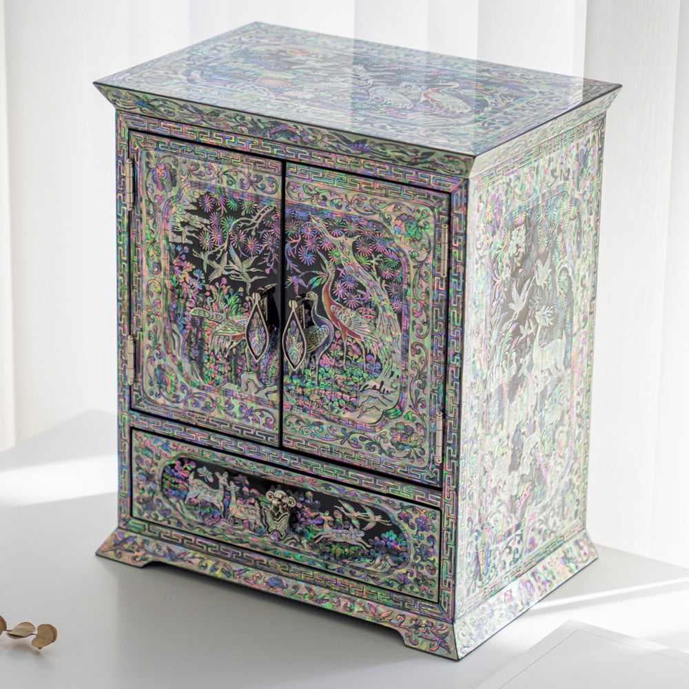 Peony Scholar 5-Drawer Mother of Pearl Jewelry Box Medium (Hanji, Blue)