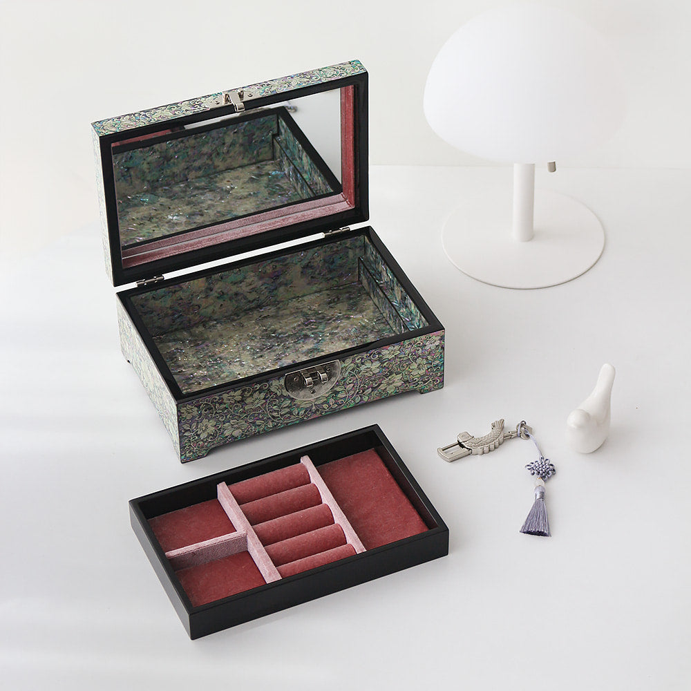 Najeonchilgi 2-Tier Joseon Style Mother of Pearl Jewelry Box Pine & Crane Black, 24 cm (Master Artisan Jang Tae-bok)