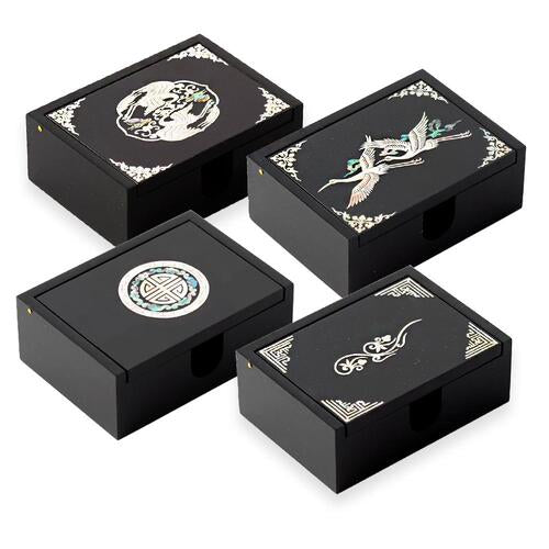 Inlaid Auto-Slide Business Card & Pen Holder Set — Double Cranes, Cloud Cranes & Arabesque Patterns - OF0236